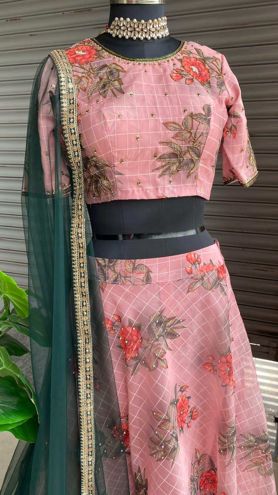 Peach Floral organza embroidery hand worked lehenga - Threads