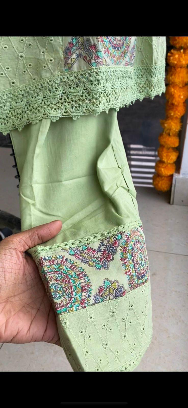 Light green cotton embroidery hand worked 3 piece kurti set - Threads