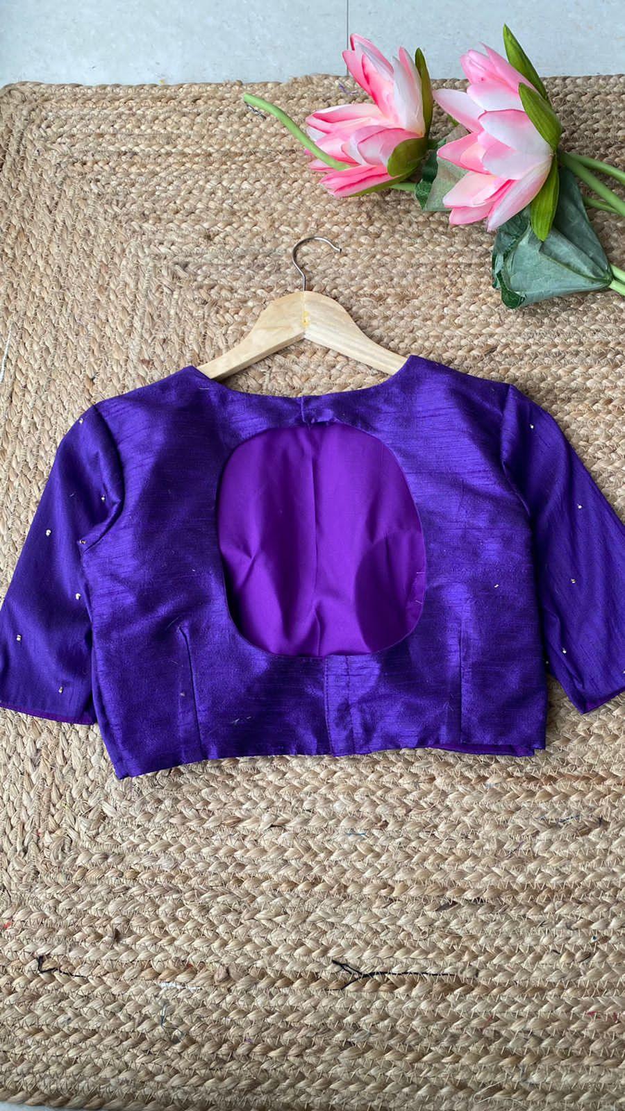 Purple Silk Jewel Neck hand worked blouse - Threads