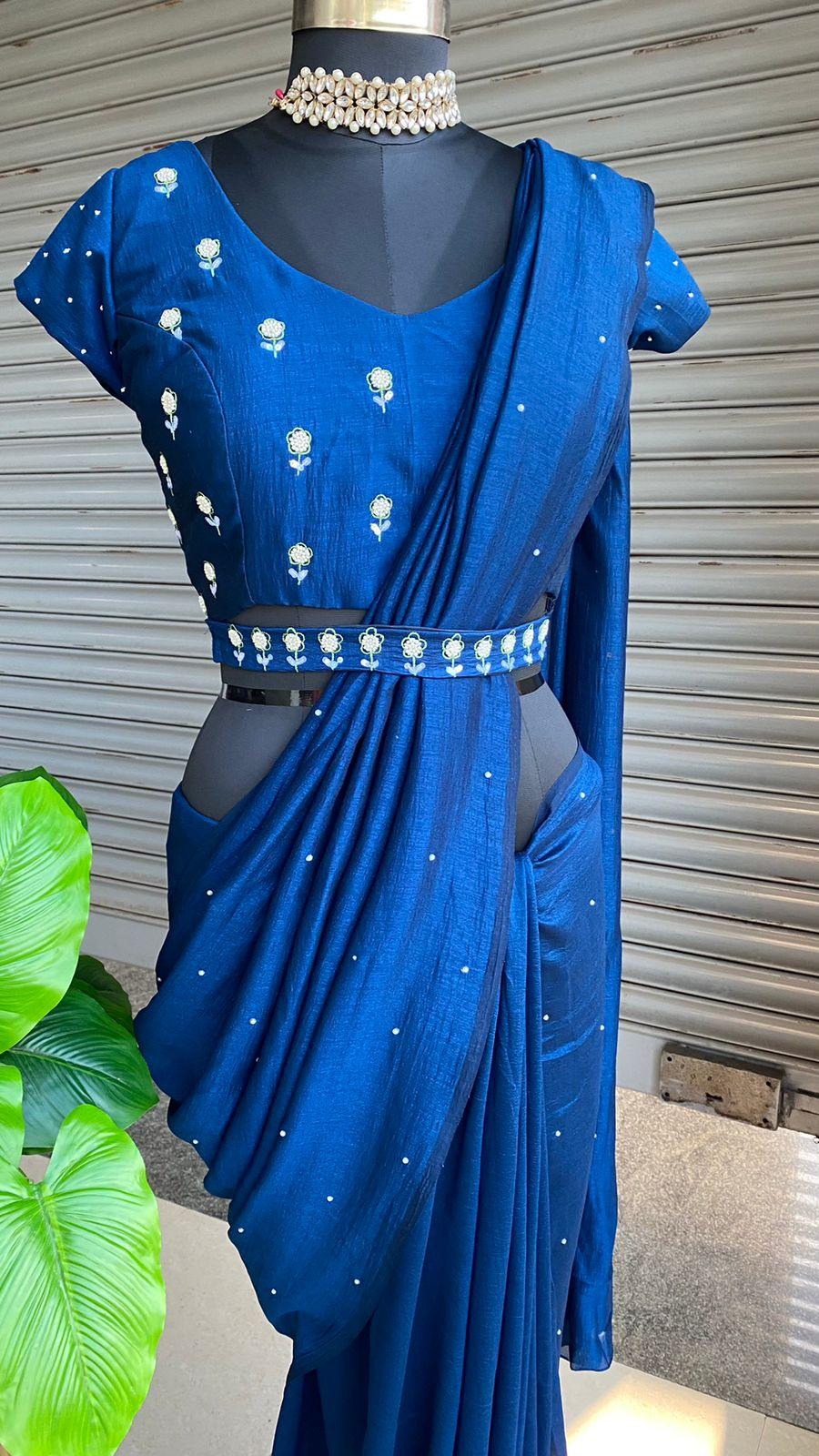 Deep blue marble silk saree with hand worked saree - Threads