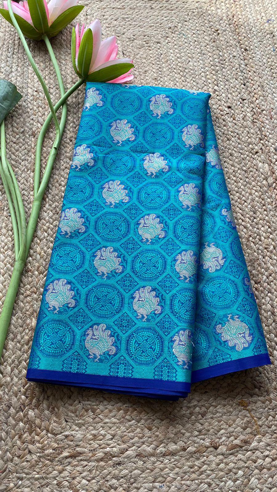Prussian blue silk saree with blouse - Threads