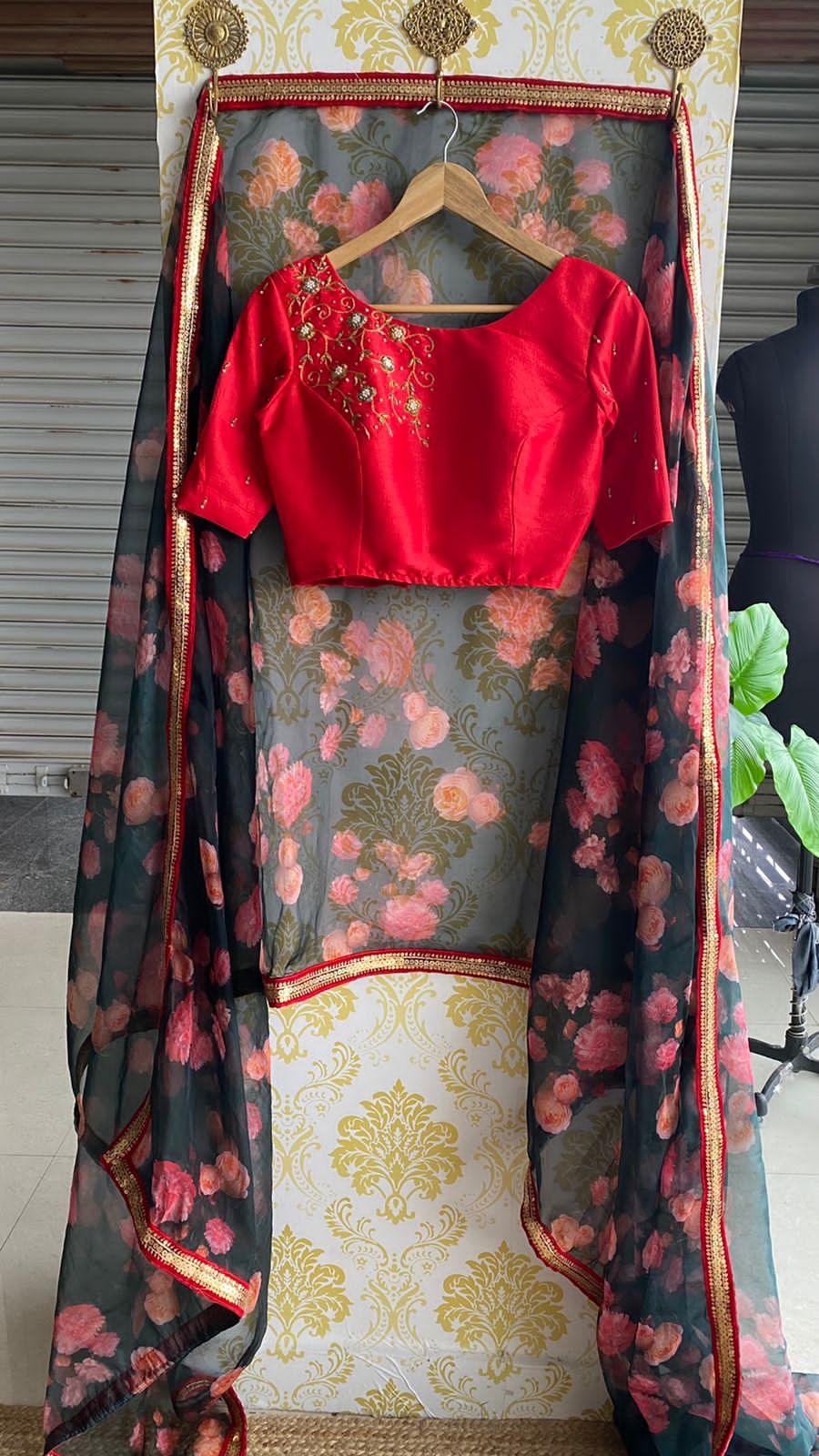 Deep blue floral soft organza saree with hand worked blouse - Threads