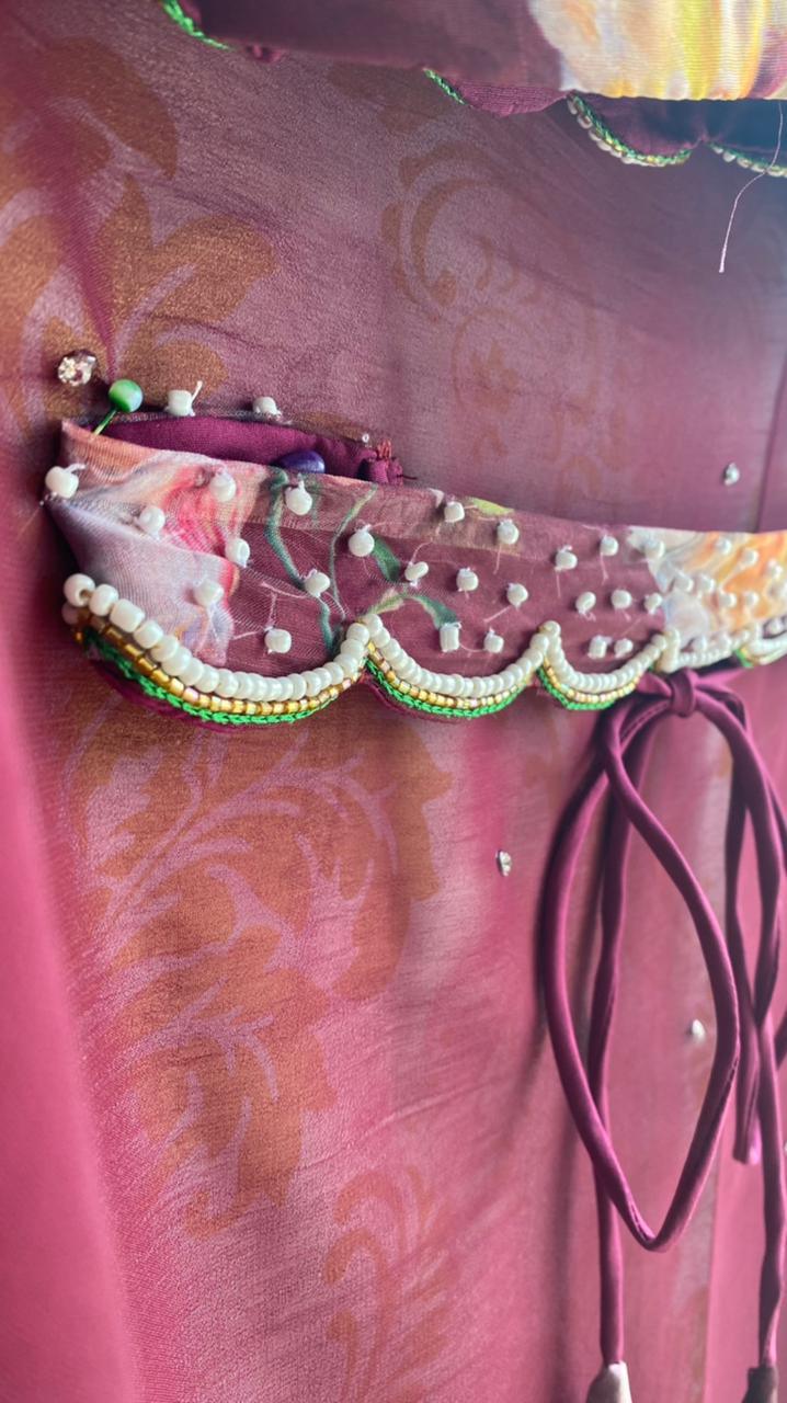 Wine georgette saree with organza hand worked blouse - Threads