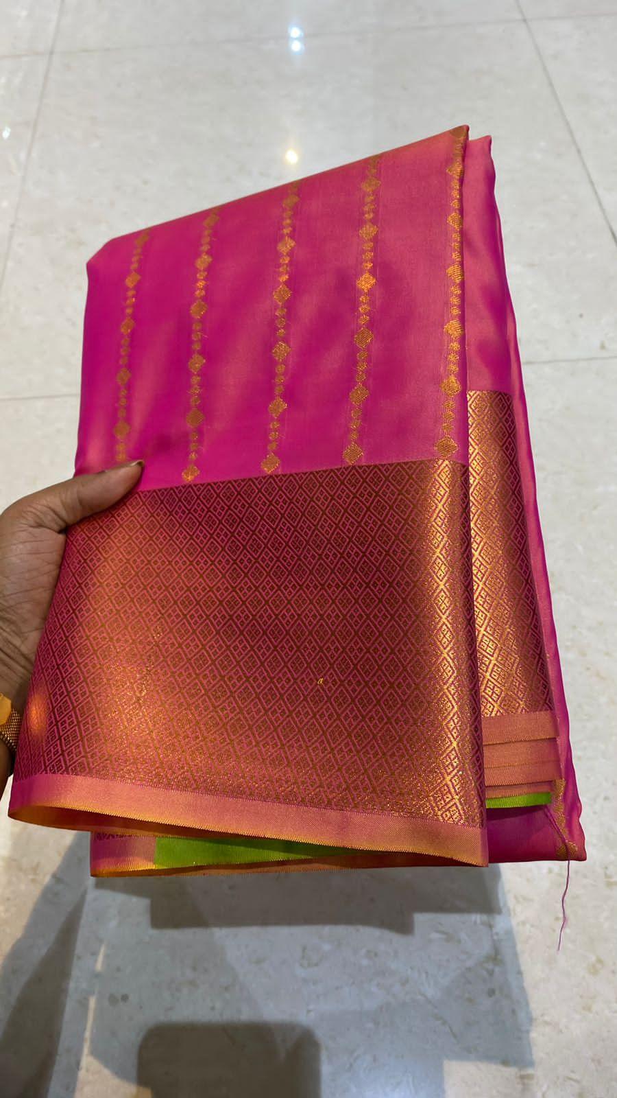 Pink and parrot green silk saree with blouse - Threads