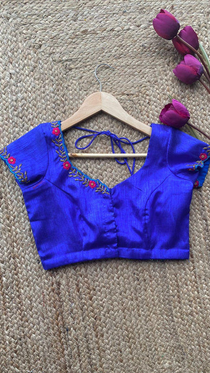 Royal Blue neck hand embroidery worked blouse - Threads