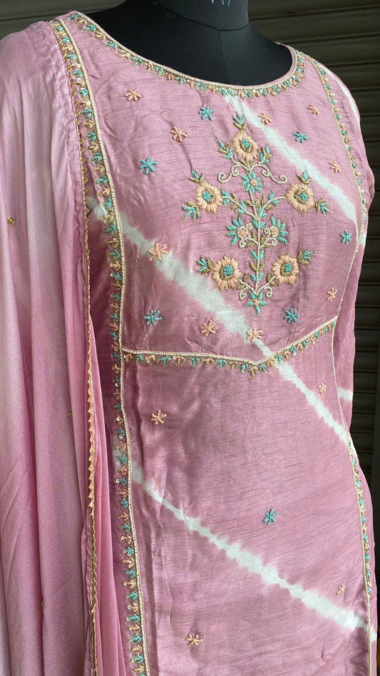 Pink chinnon hand worked embroidery 3 piece kurti set - Threads