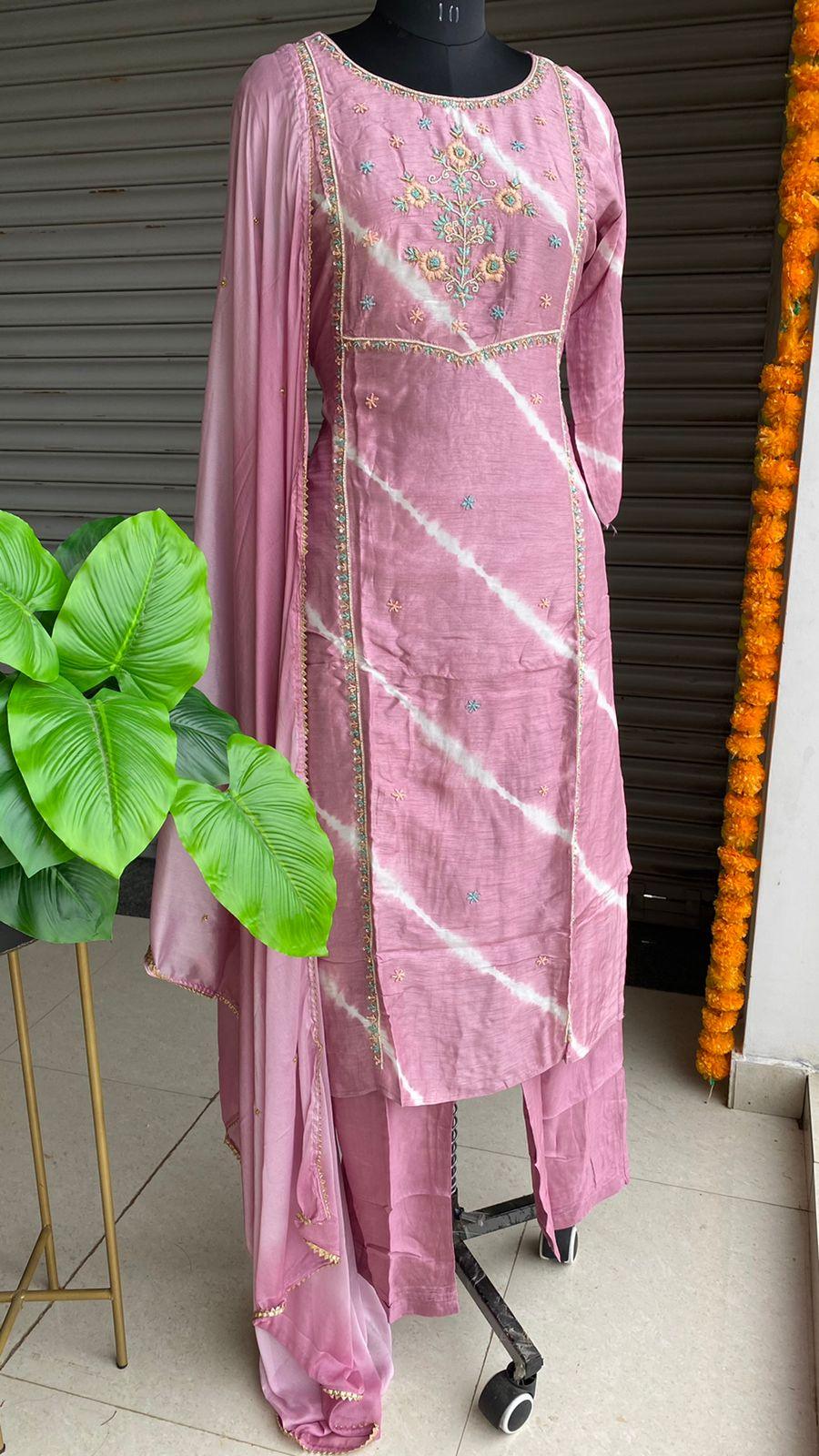 Pink chinnon hand worked embroidery 3 piece kurti set - Threads
