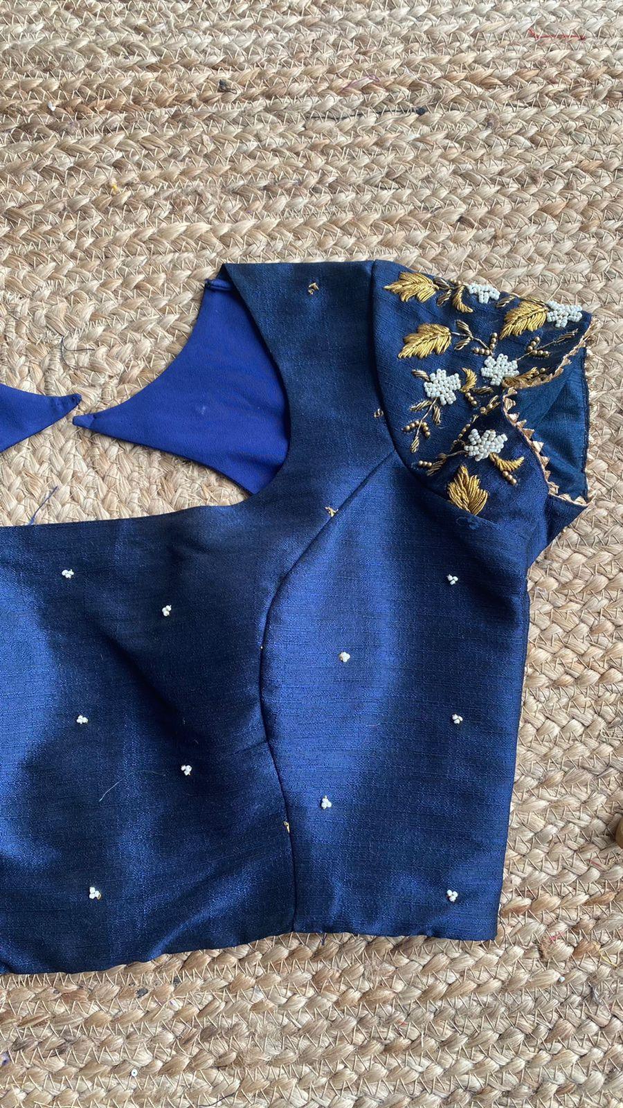 Midblue silk embroidery hand worked blouse - Threads