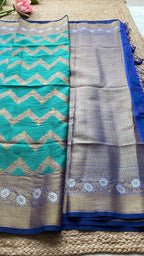Sea blue silk chanderi saree with blouse - Threads