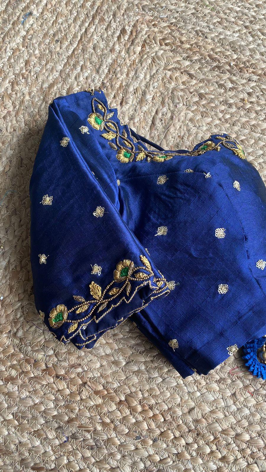 Midnight blue silk embroidery hand worked blouse - Threads
