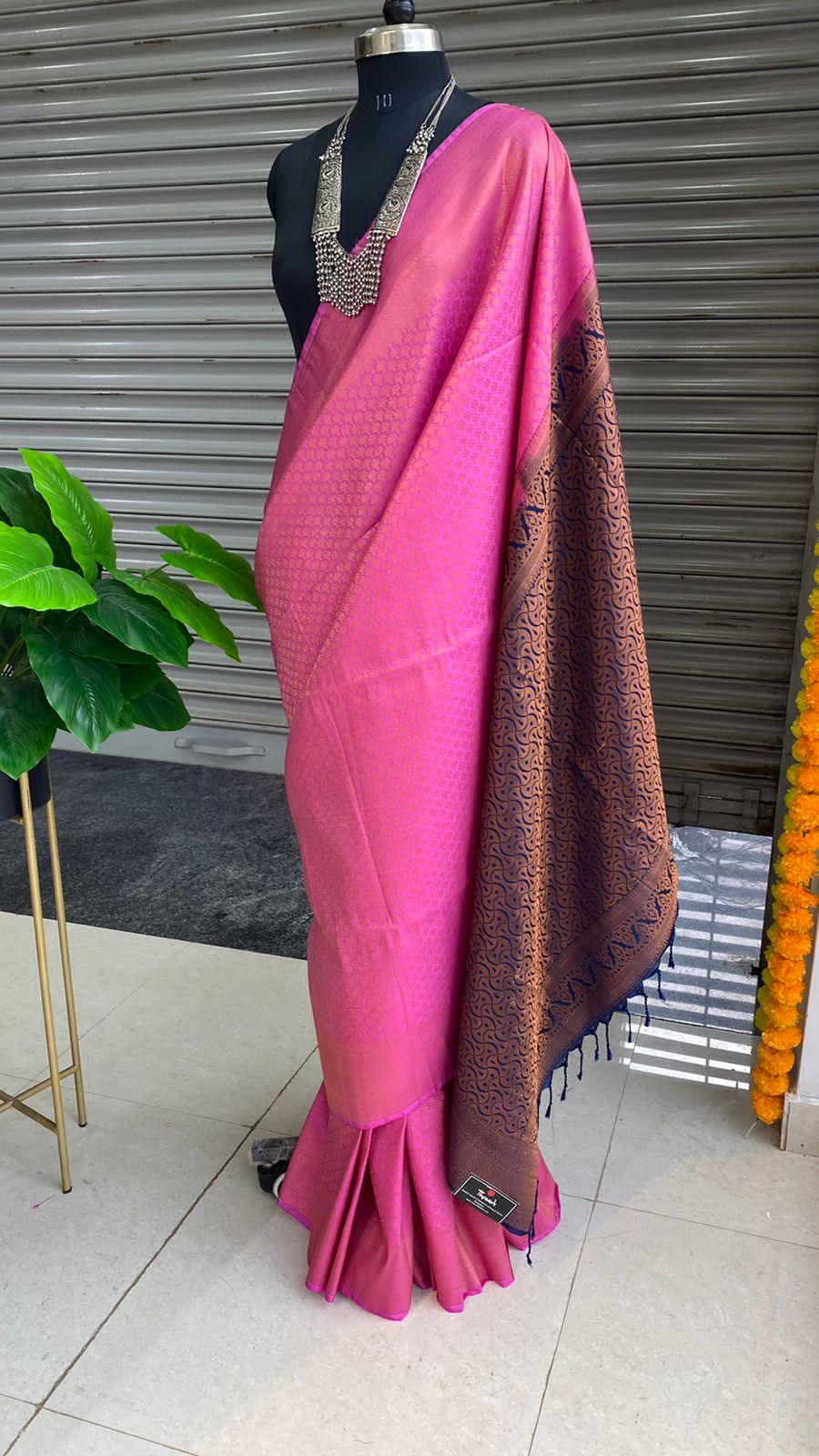 Pink and Blue soft Silk saree with blouse - Threads