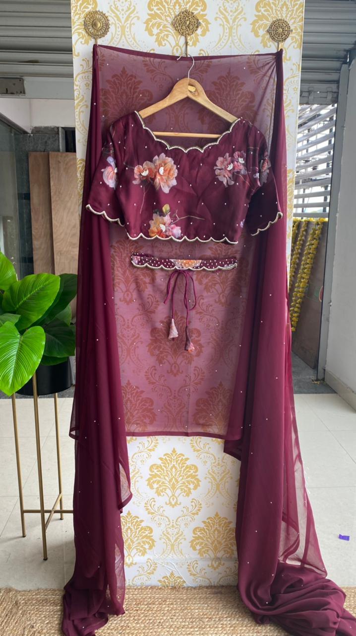 Wine georgette saree with organza hand worked blouse - Threads