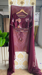 Wine georgette saree with organza hand worked blouse - Threads