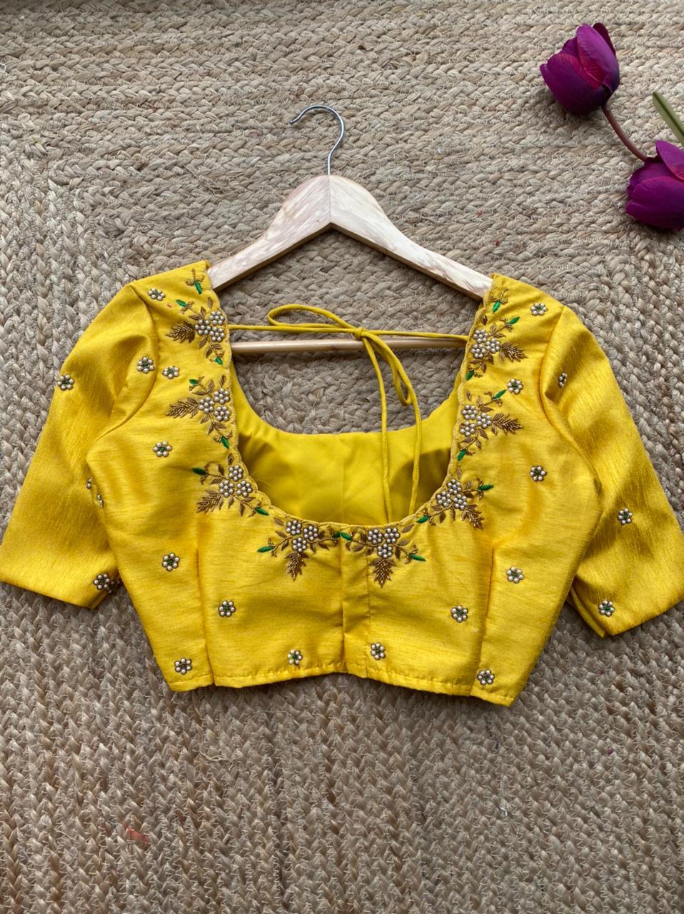 Yellow silk hand worked blouse - Threads