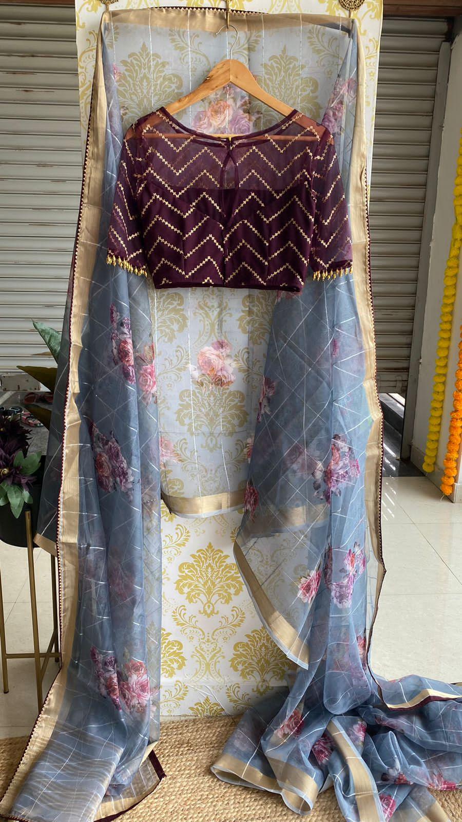 Grey floral organza saree with hand worked Blouse - Threads