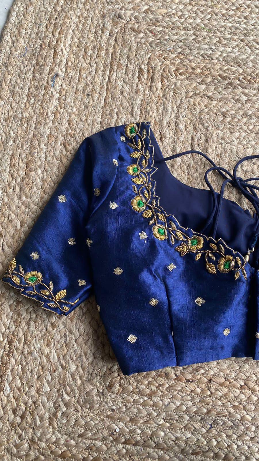 Midnight blue silk embroidery hand worked blouse - Threads