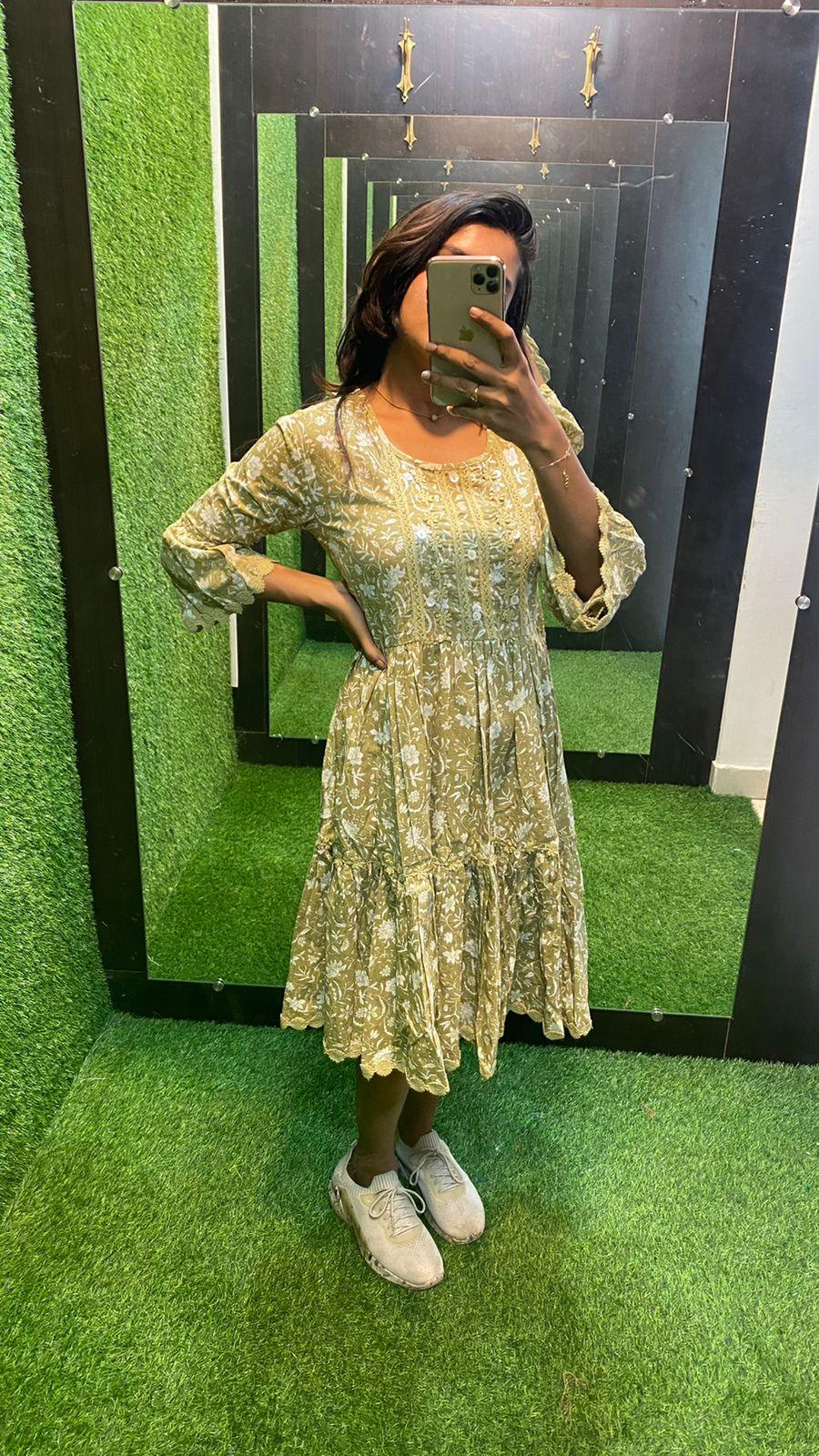 Light mehandi Cotton printed embroidery short kurti top - Threads