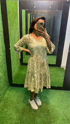 Light mehandi Cotton printed embroidery short kurti top - Threads