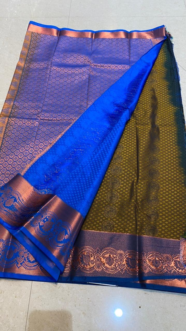 Mehandi green deep blue semi silk saree with blouse - Threads