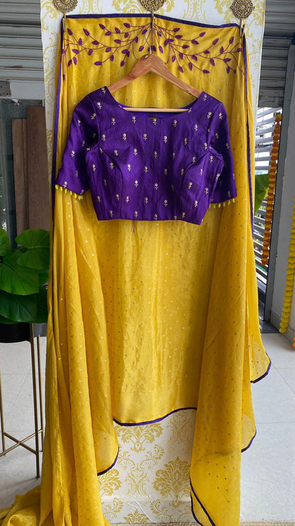 Mustard yellow chiffon saree with hand worked purple Blouse - Threads