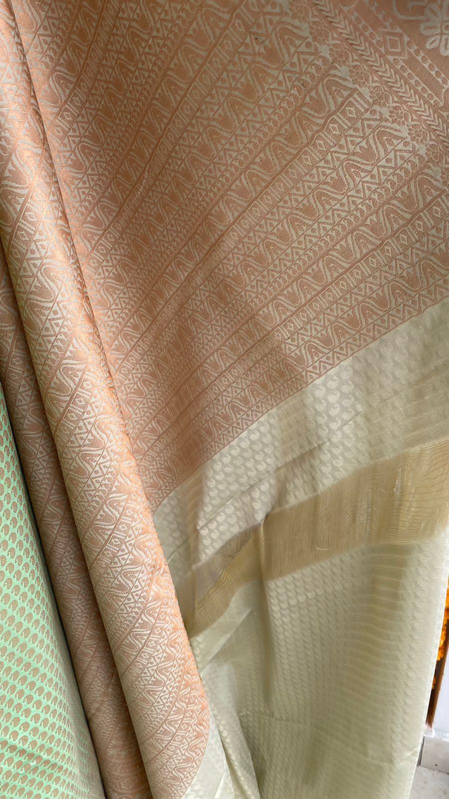 Light green and peach silk saree with blouse - Threads