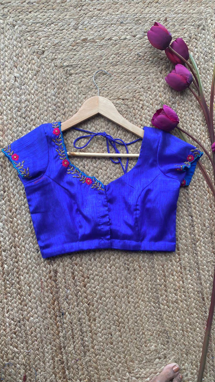 Royal Blue neck hand embroidery worked blouse - Threads