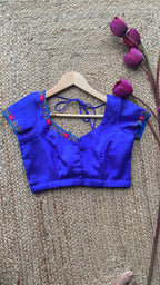 Royal Blue neck hand embroidery worked blouse - Threads