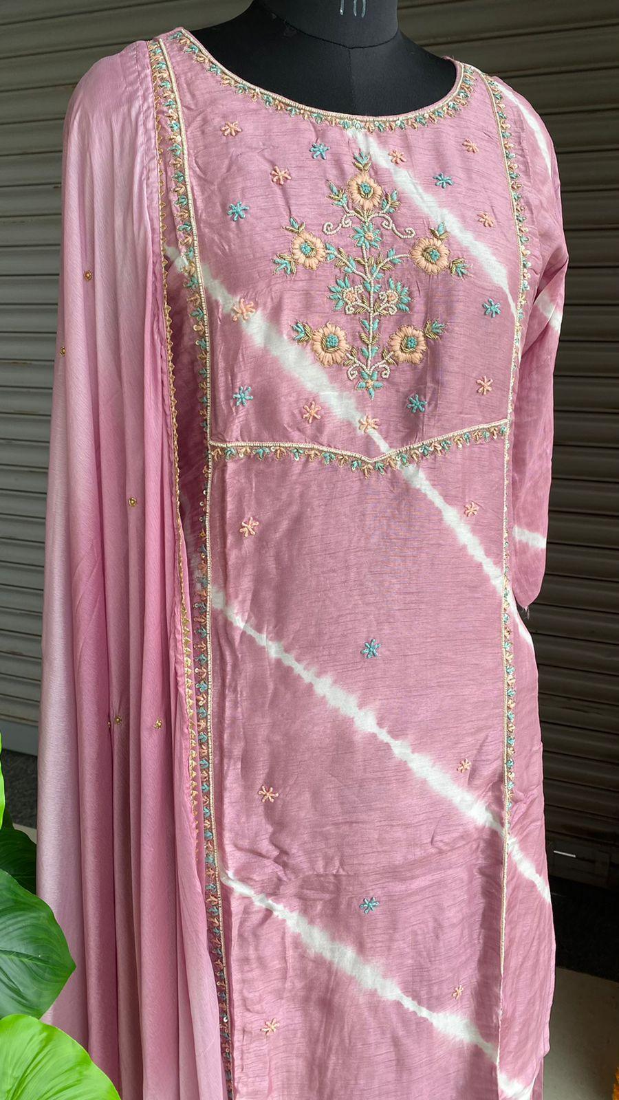 Pink chinnon hand worked embroidery 3 piece kurti set - Threads