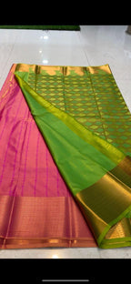 Pink and parrot green silk saree with blouse - Threads