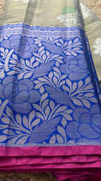 silver grey and blue silk saree with blouse - Threads