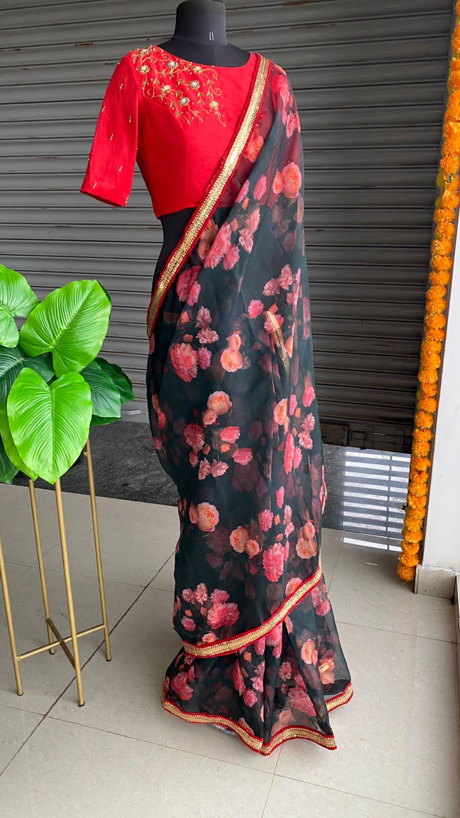 Deep blue floral soft organza saree with hand worked blouse - Threads