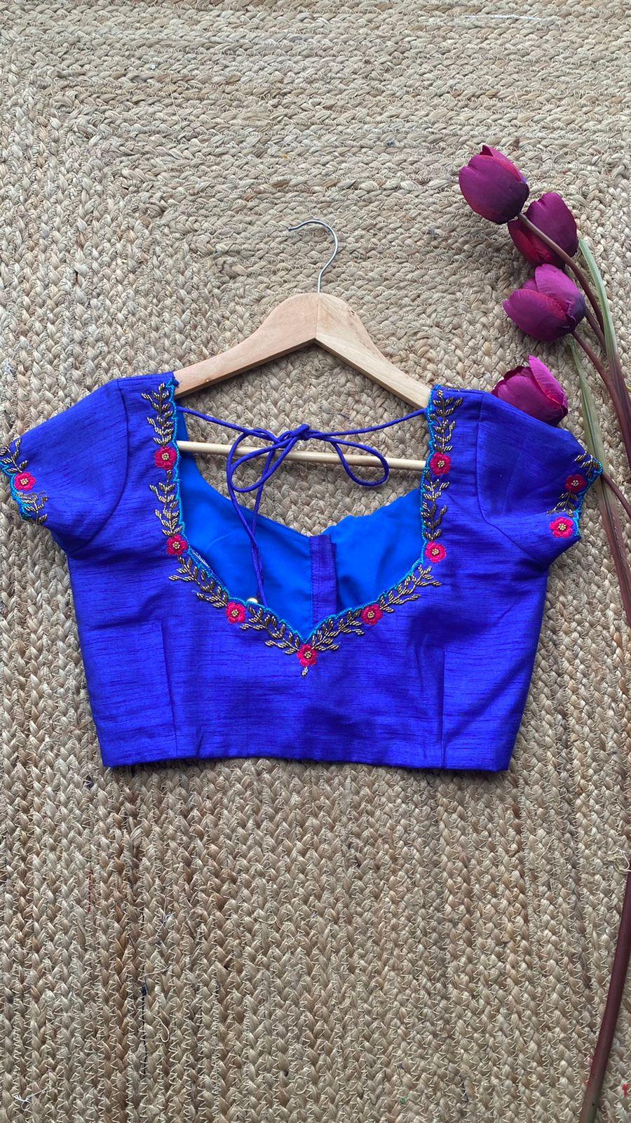 Royal Blue neck hand embroidery worked blouse - Threads