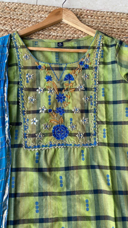 Cotton embroidery green 3 piece kurti set - Threads