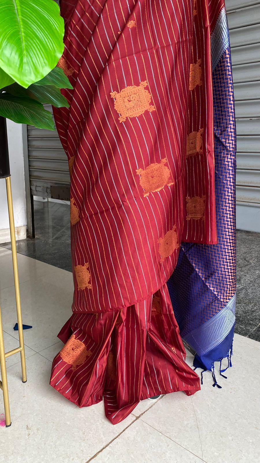 Maroon and Blue Silk saree with blouse - Threads