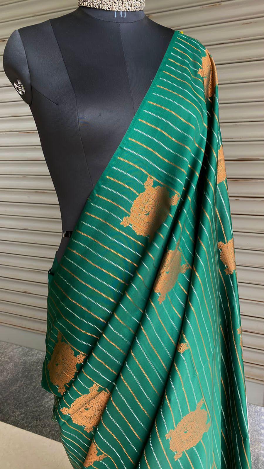 Bottle green and orange Silk saree with blouse - Threads