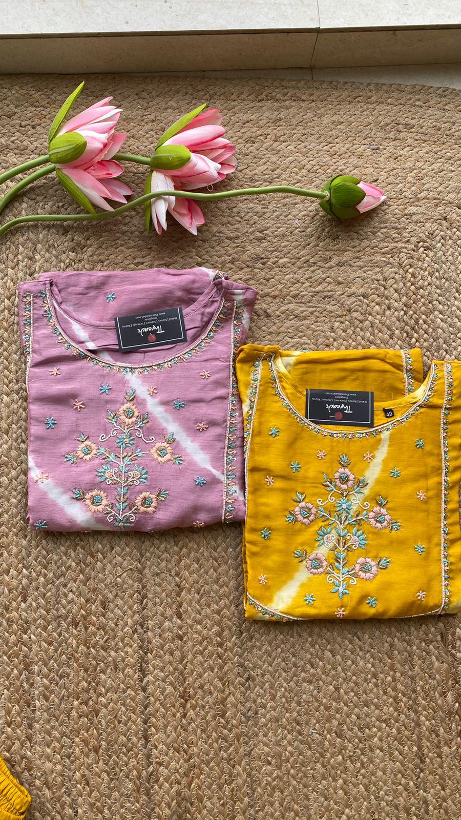 Pink chinnon hand worked embroidery 3 piece kurti set - Threads