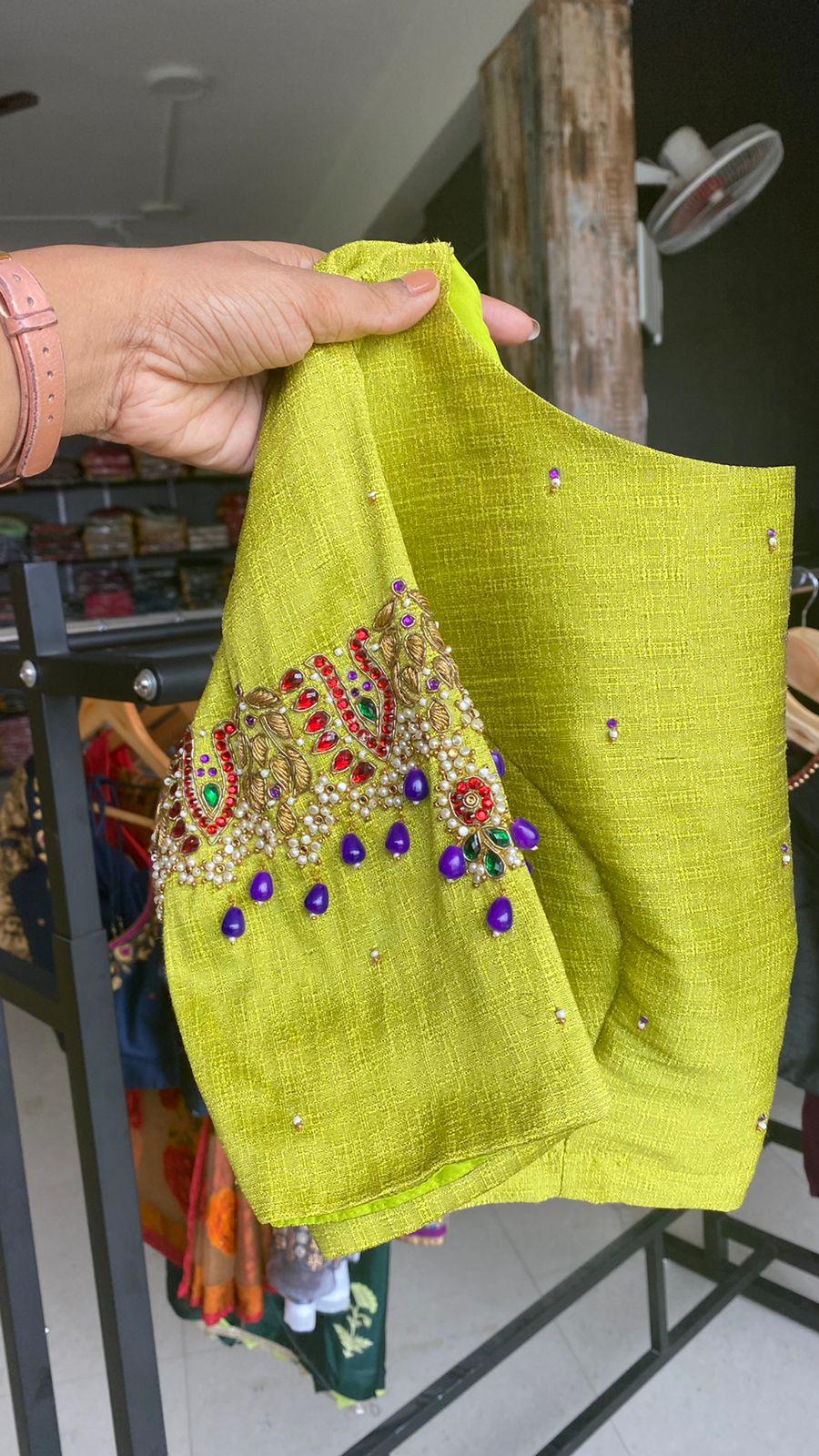 Parrot green silk embroidery hand worked blouse - Threads