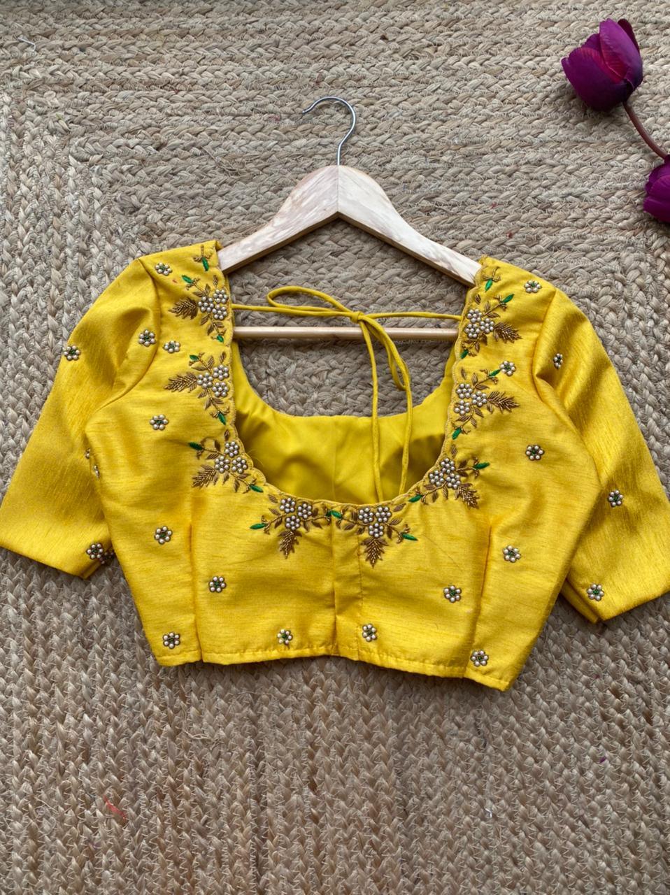 Yellow silk hand worked blouse - Threads