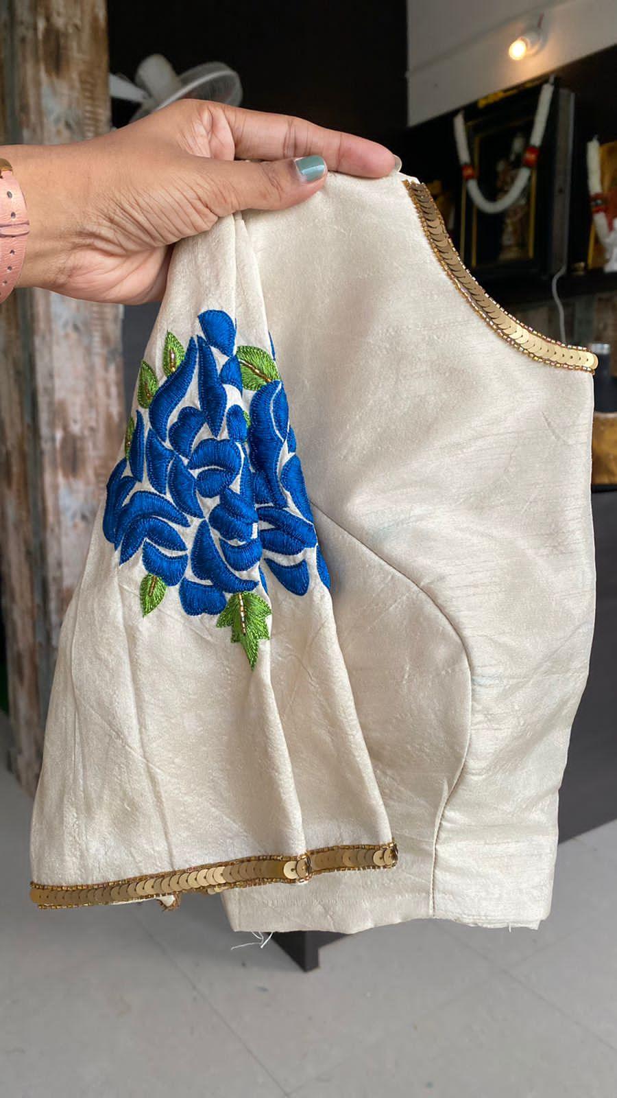 Deep blue organza saree with thread worked blouse - Threads