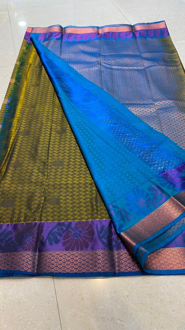Mehandi green blue semi silk saree with blouse - Threads