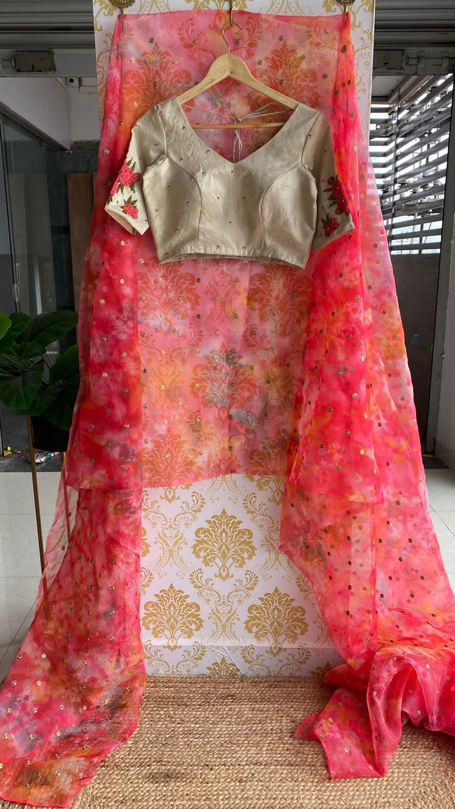 Floral Organza saree with hand worked half white blouse - Threads