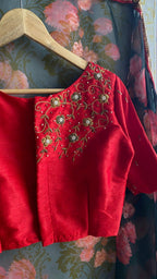 Deep blue floral soft organza saree with hand worked blouse - Threads
