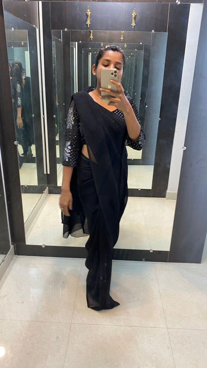 Black crushed saree with ready to wear Blouse