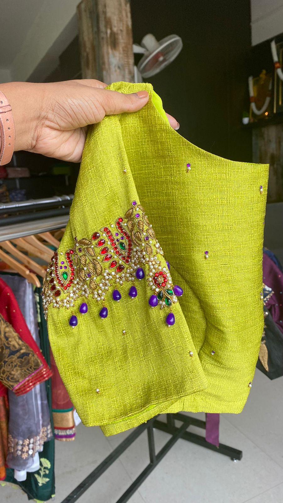 Parrot green silk embroidery hand worked blouse - Threads