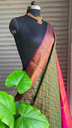 Banarasi  green and pink silk saree with blouse