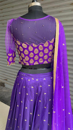 Purple silk embroidery hand worked lehenga - Threads