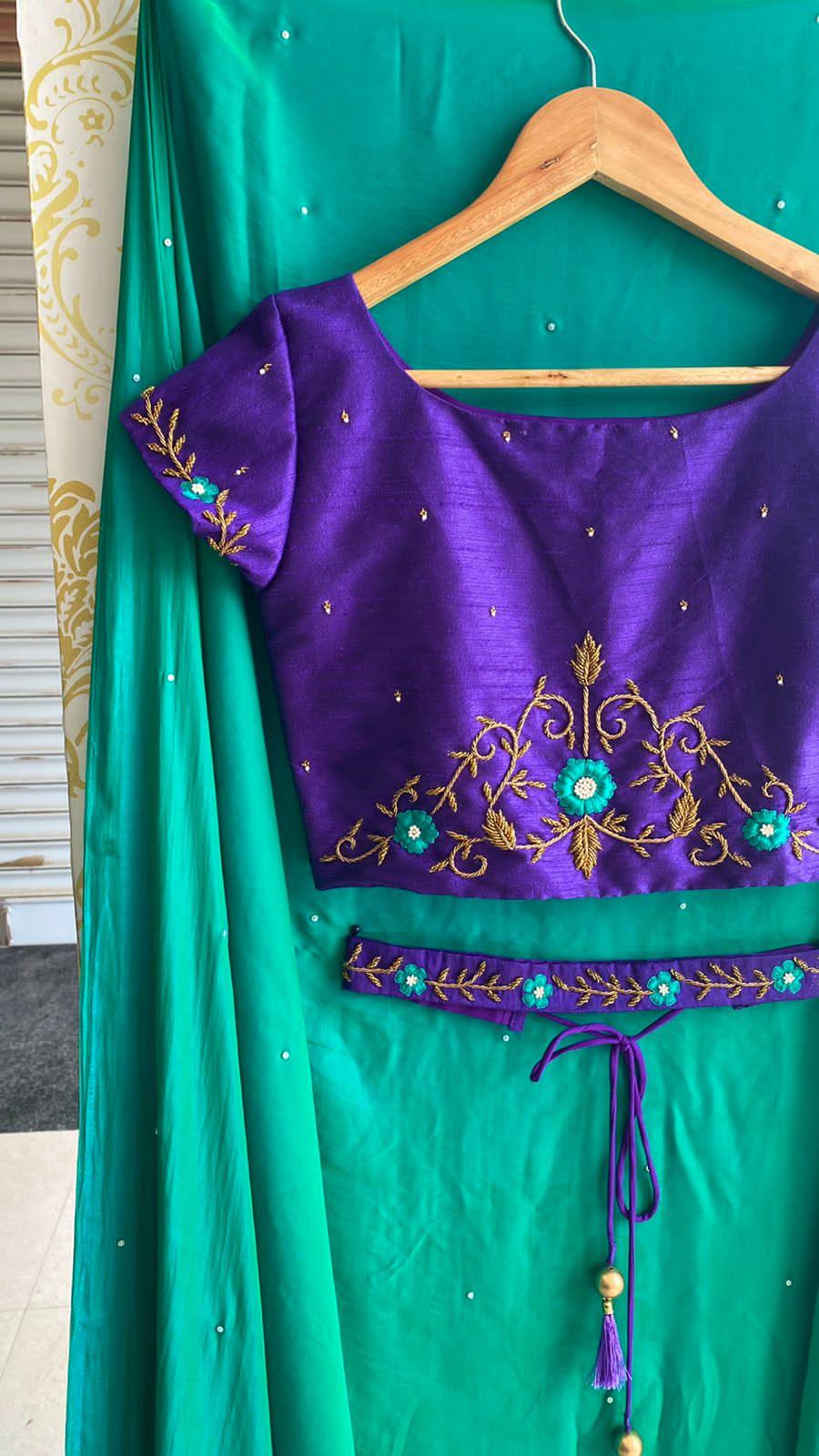 Peacock dual shade malai silk saree with purple blouse - Threads