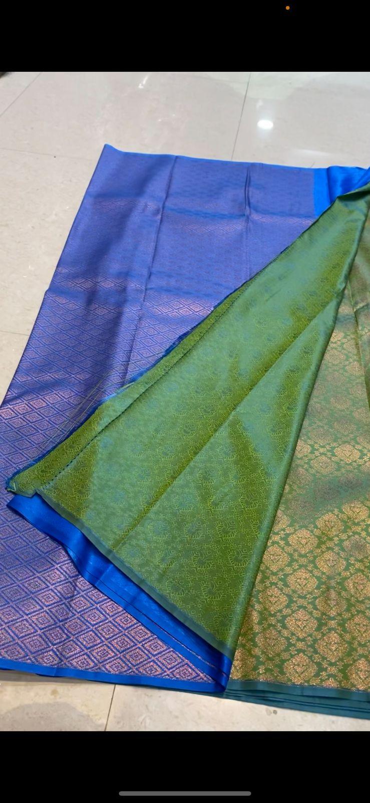 Western green soft silk saree with blouse - Threads