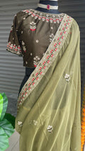 Mehandi green organza saree with silk embroidery blouse - Threads
