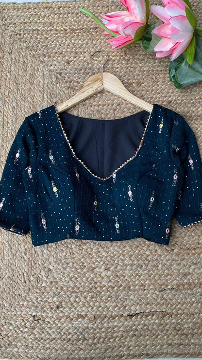 Dark Blue Georgette embroidery hand worked blouse - Threads